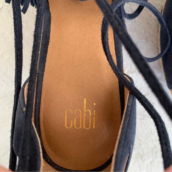 CAbi Isla Navy Suede Aztec Embroidered Espadrille Wedge Heels 7.5 NWOT - Picture 2 of 10